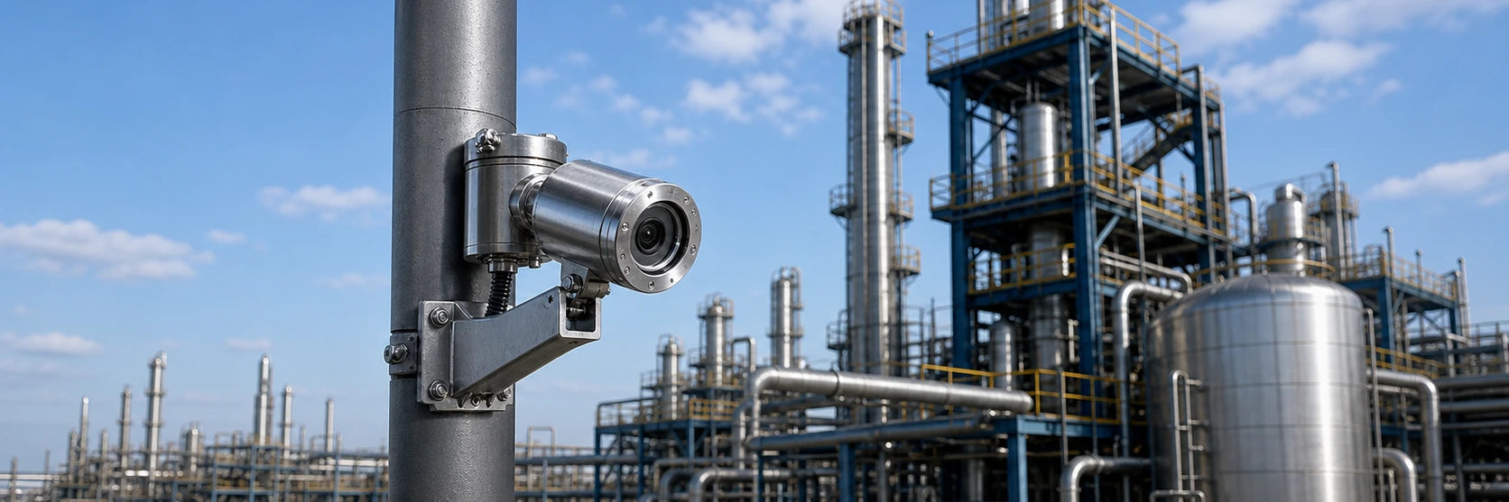 Brand-neutral industrial camera monitoring a process facility