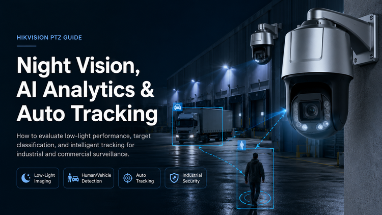 Hikvision PTZ night vision and AI tracking guide cover showing industrial surveillance with human and vehicle detection