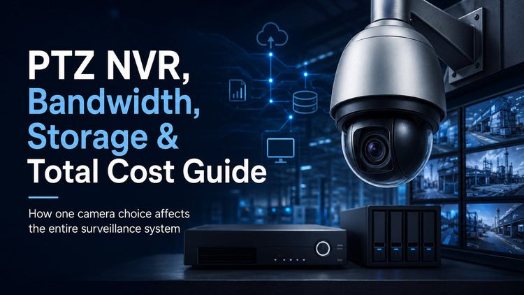 Hikvision PTZ NVR, bandwidth, storage, and total cost guide cover showing a PTZ camera, recorder, storage system, and surveillance monitoring center