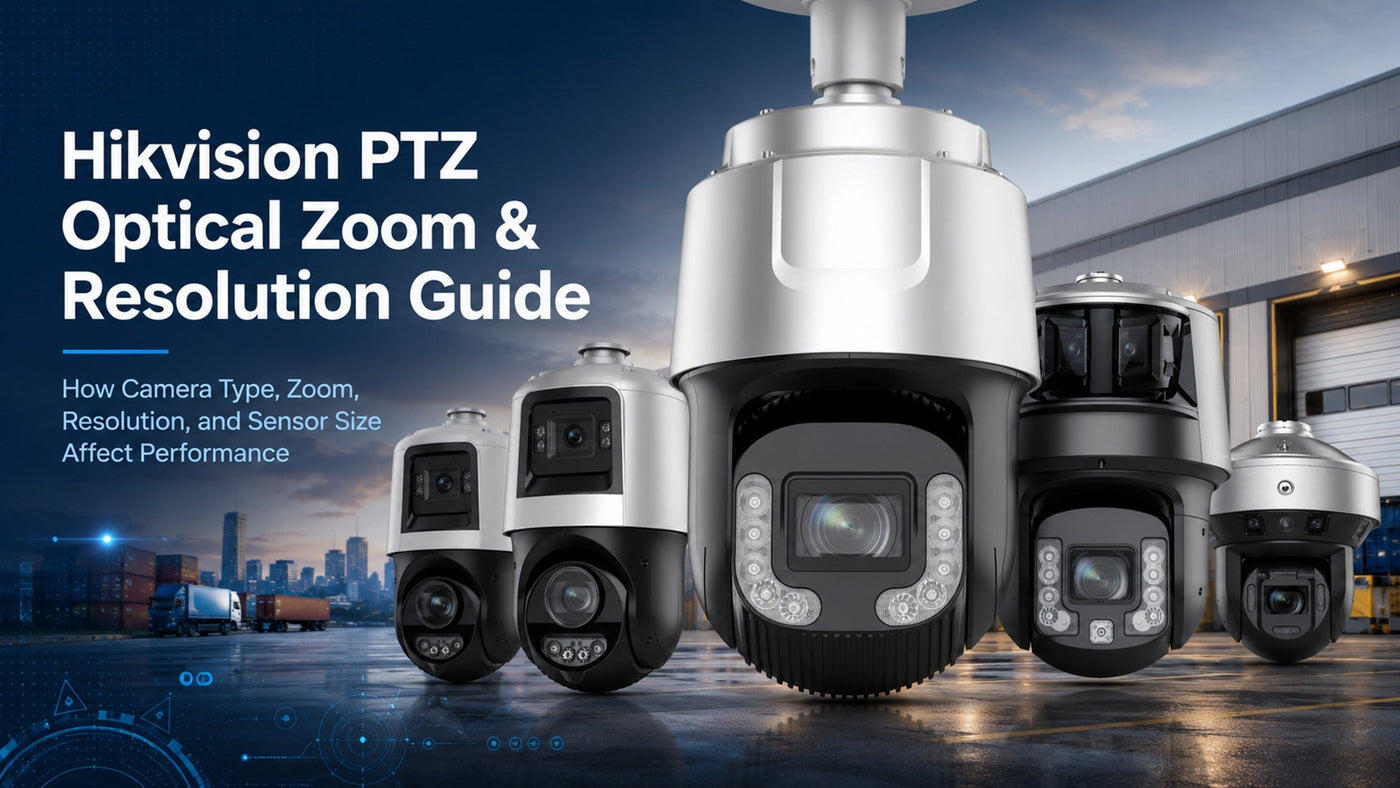 Hikvision PTZ optical zoom and resolution guide cover image showing multiple PTZ camera types for industrial surveillance