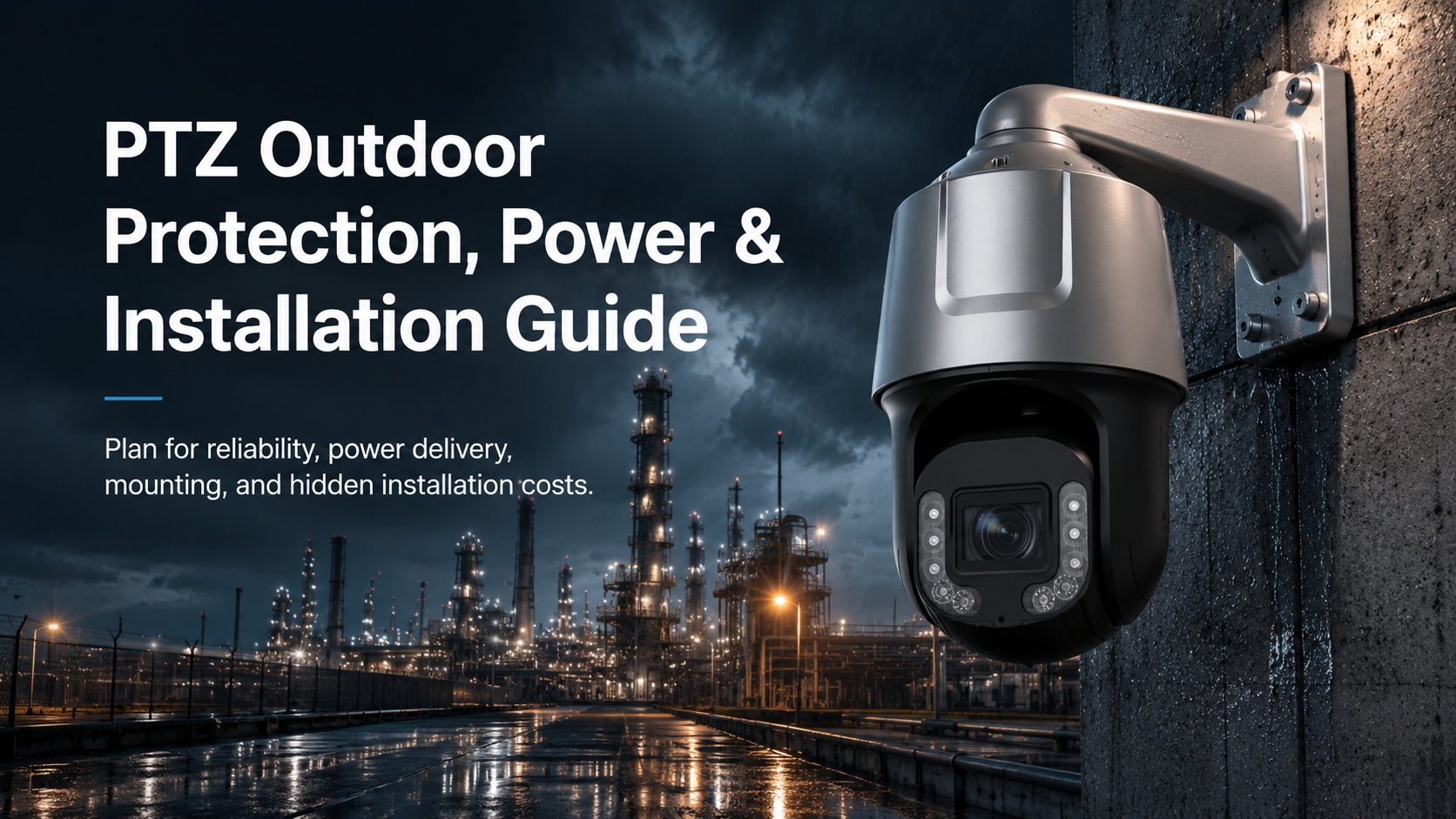 Hikvision PTZ outdoor protection, power, and installation guide cover showing a wall-mounted PTZ camera in a rainy industrial site