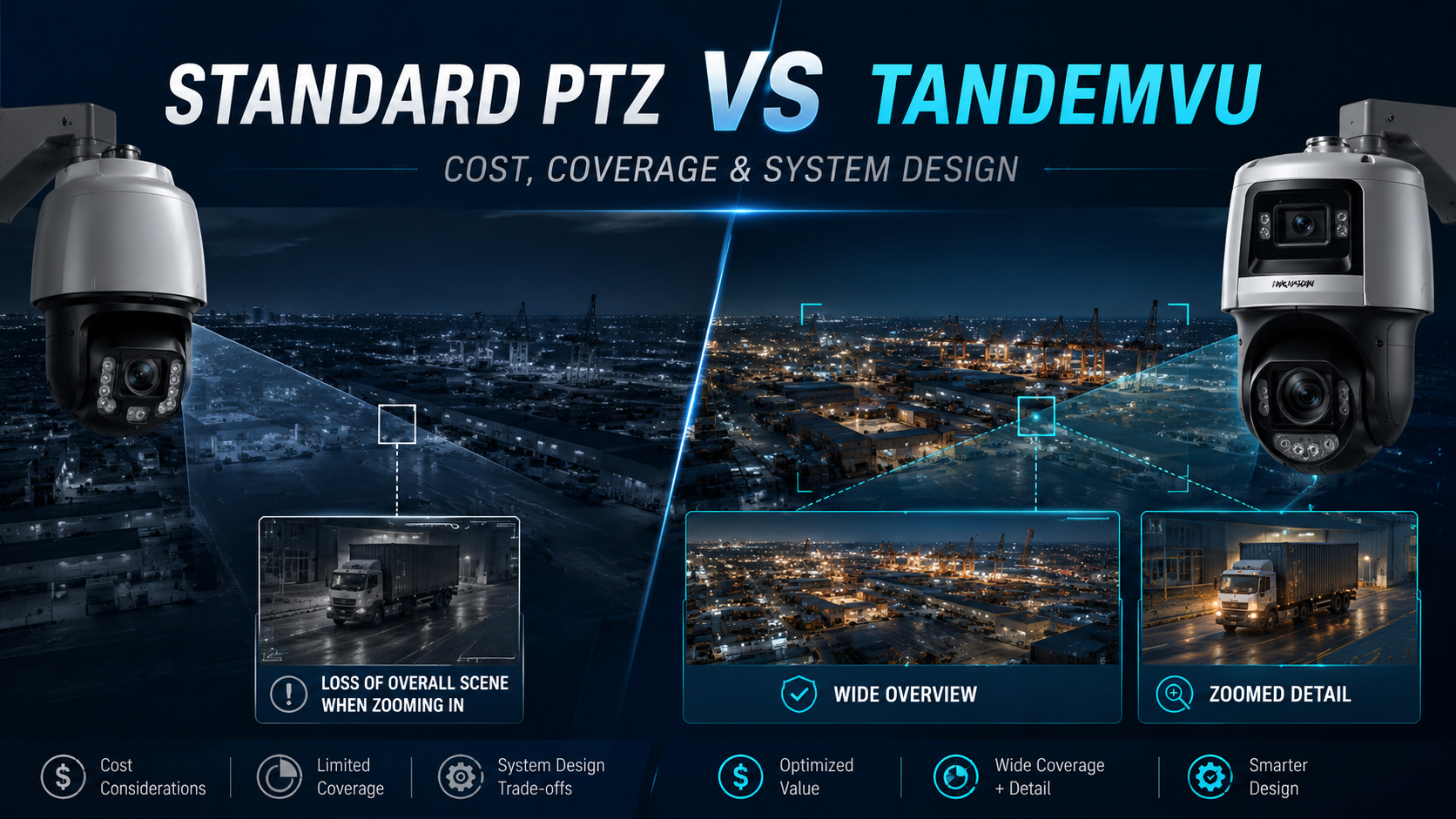 Standard Hikvision PTZ vs TandemVu comparison showing cost, coverage, and system design for wide-area surveillance