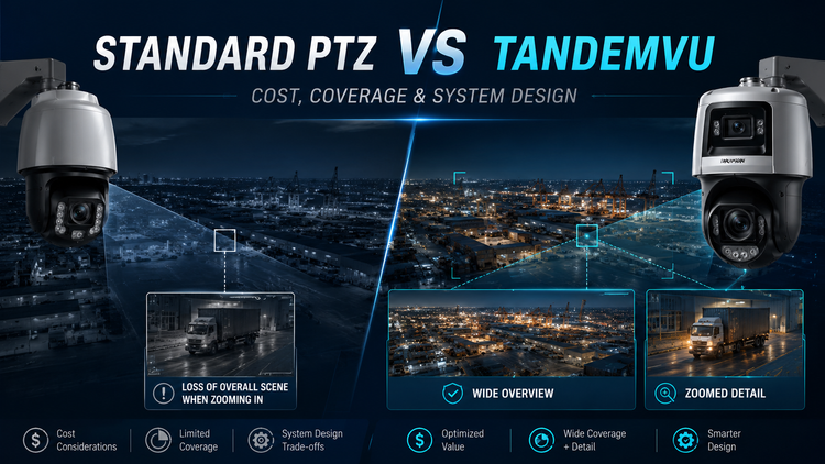 Standard Hikvision PTZ vs TandemVu comparison showing cost, coverage, and system design for wide-area surveillance
