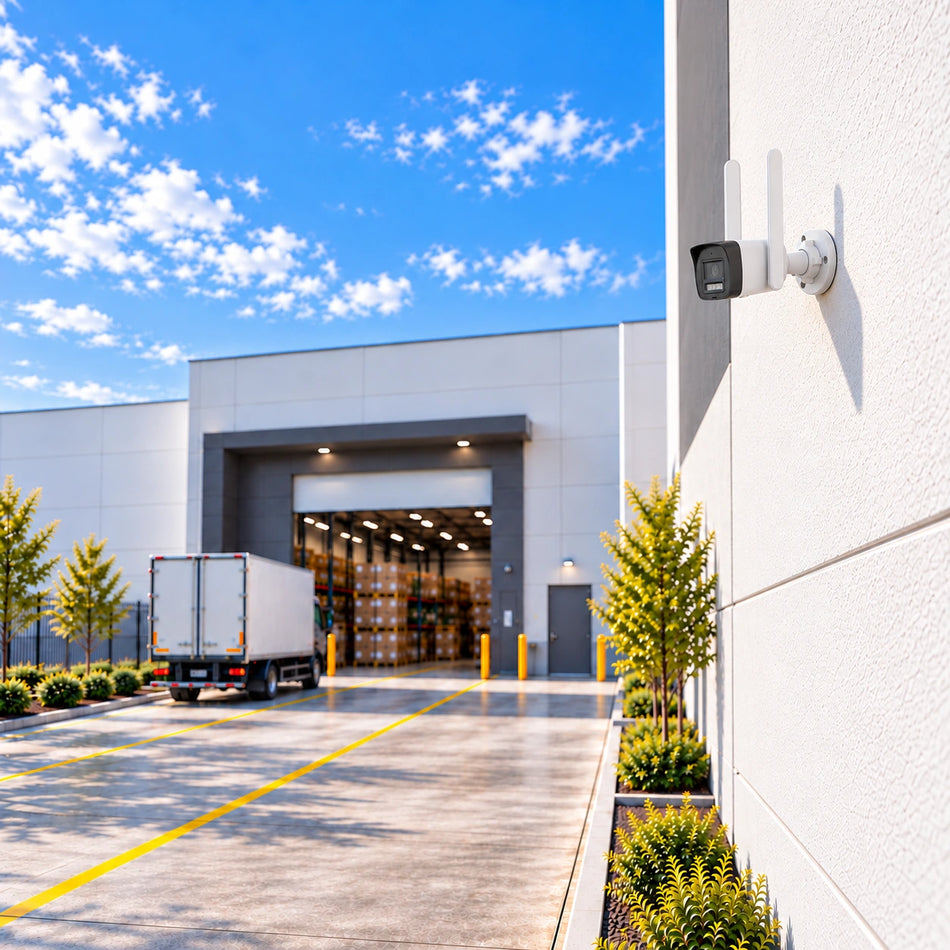 Hikvision 4G fixed bullet network camera with two flat antennas installed on a warehouse wall overlooking a loading yard