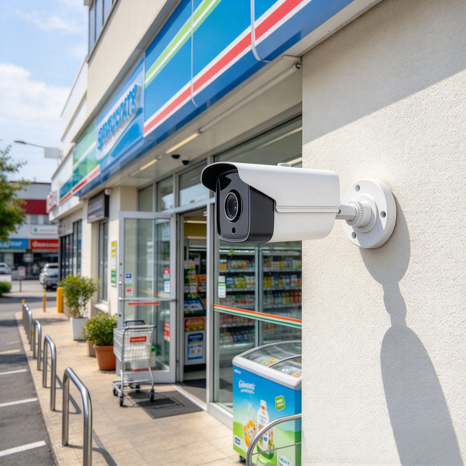 Hikvision fixed bullet security camera with a white sunshield mounted outside a shop entrance