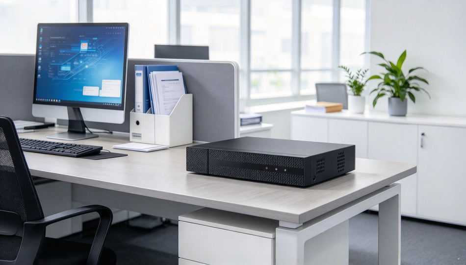 Hikvision compact NVR with black textured front panel in an office installation scene