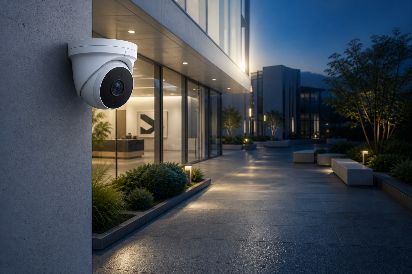 Generic network camera monitoring a commercial entrance in low light