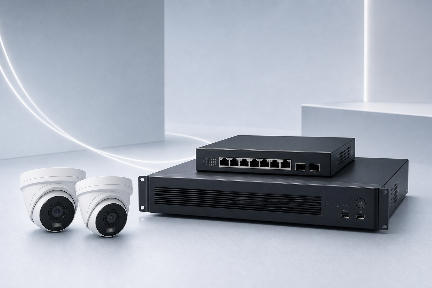 Generic network cameras, PoE switch and video recorder as a complete system