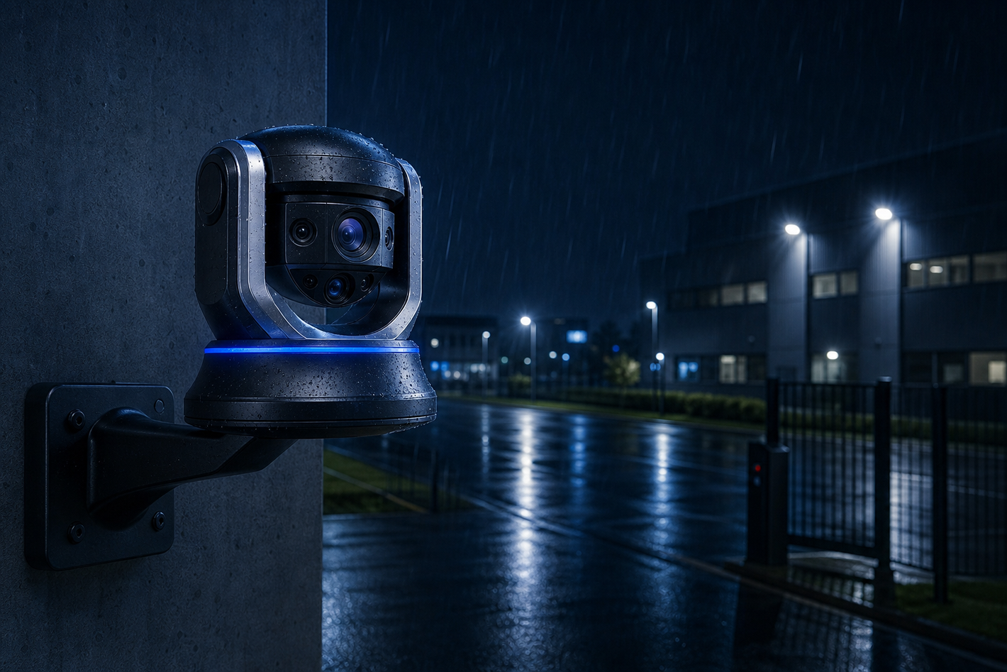 Brand-neutral PTZ camera monitoring an outdoor perimeter at night in rain