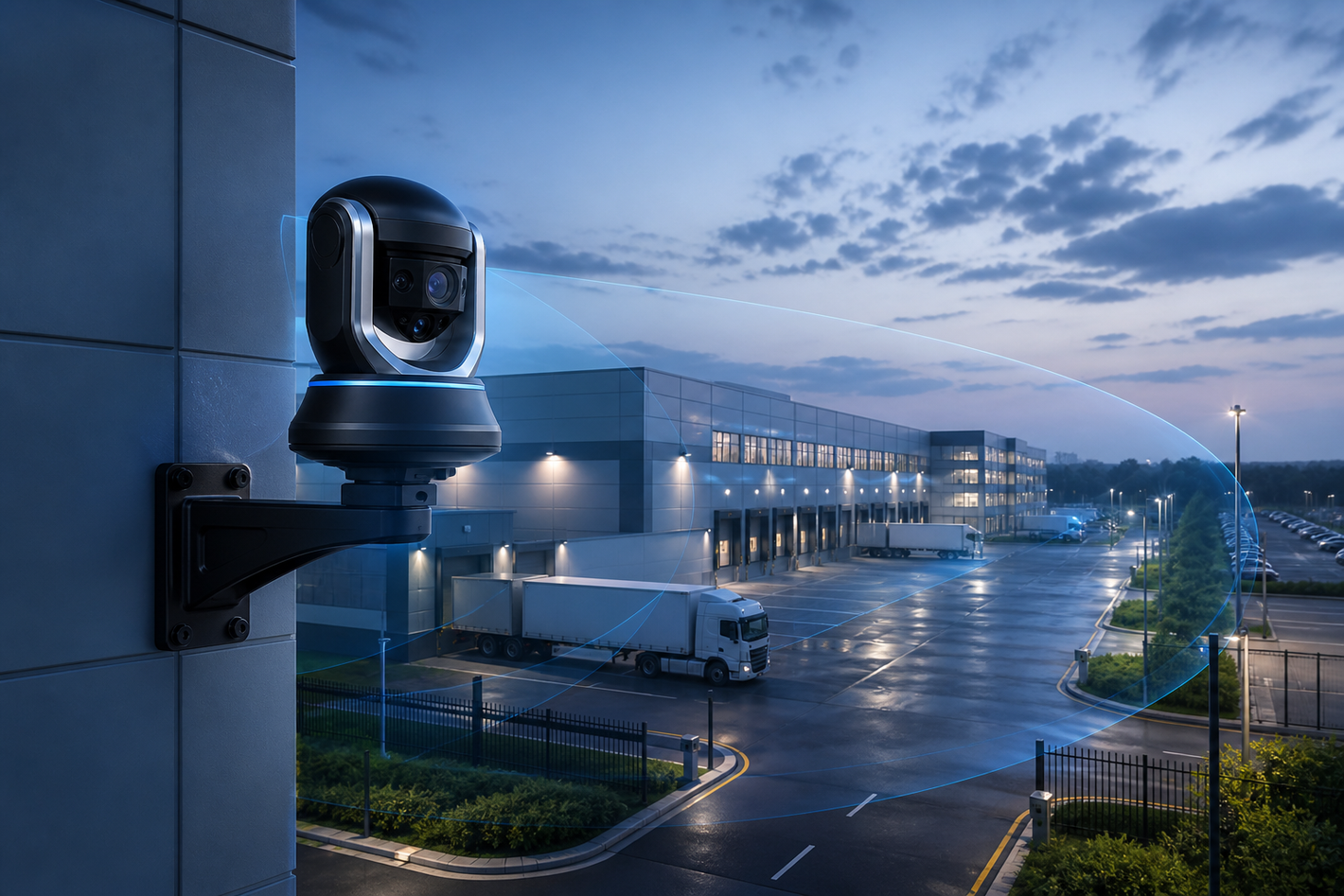 Brand-neutral PTZ camera providing wide-area coverage at a logistics campus
